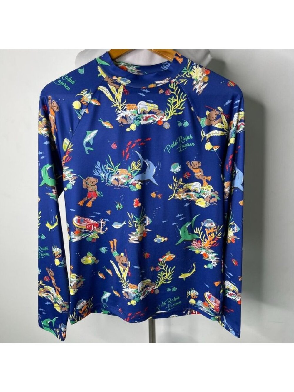 Polo Ralph Lauren Boys XL 18 20 Polo Bear Rash Guard Swim Shirt Blue Undersea We